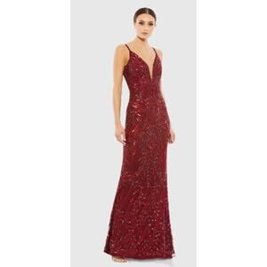 Mac Duggal 5107 Burgundy Red Embellished Leaf Plunge Evening Gown 12 NEW $498